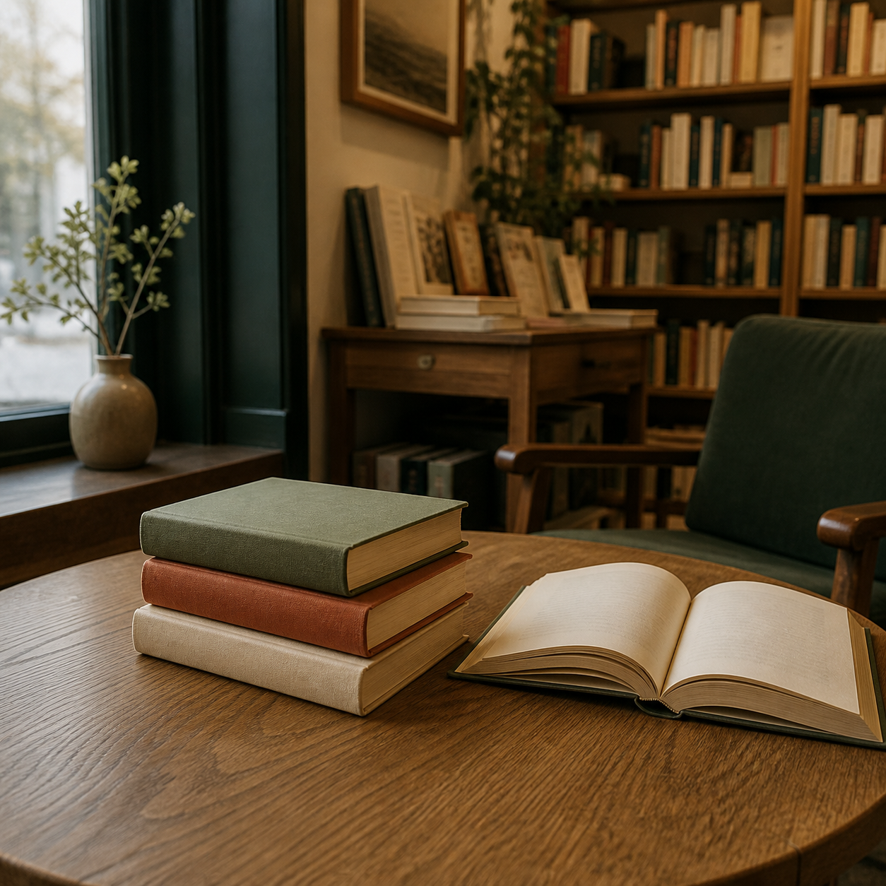 Libros de tonos tierra y un libro abierto sobre una mesa, en un rincón de librería junto a una ventana